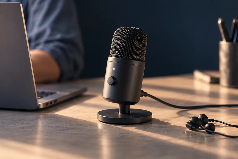 A close view of a desktop microphone, with a laptop and wired earbuds nearby.