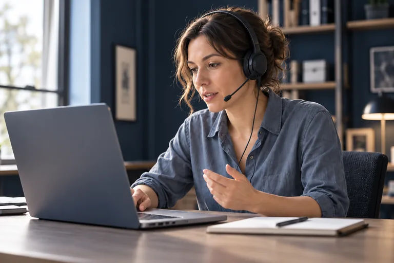 A woman speaking into a headset microphone while using her laptop at home.