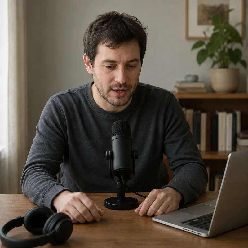 Eine Person spricht in ein Tischmikrofon und schaut dabei auf einen Laptop.