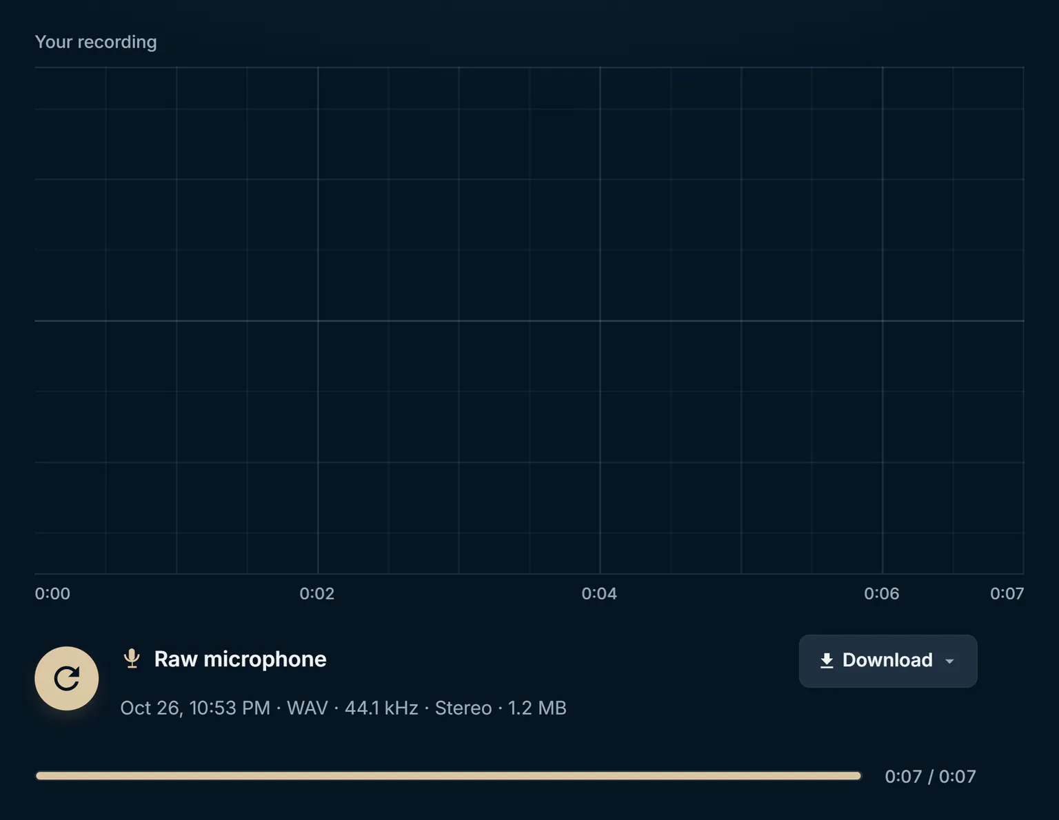 MicProbe after a test: your recording drawn from start to end, ready to play back or download.